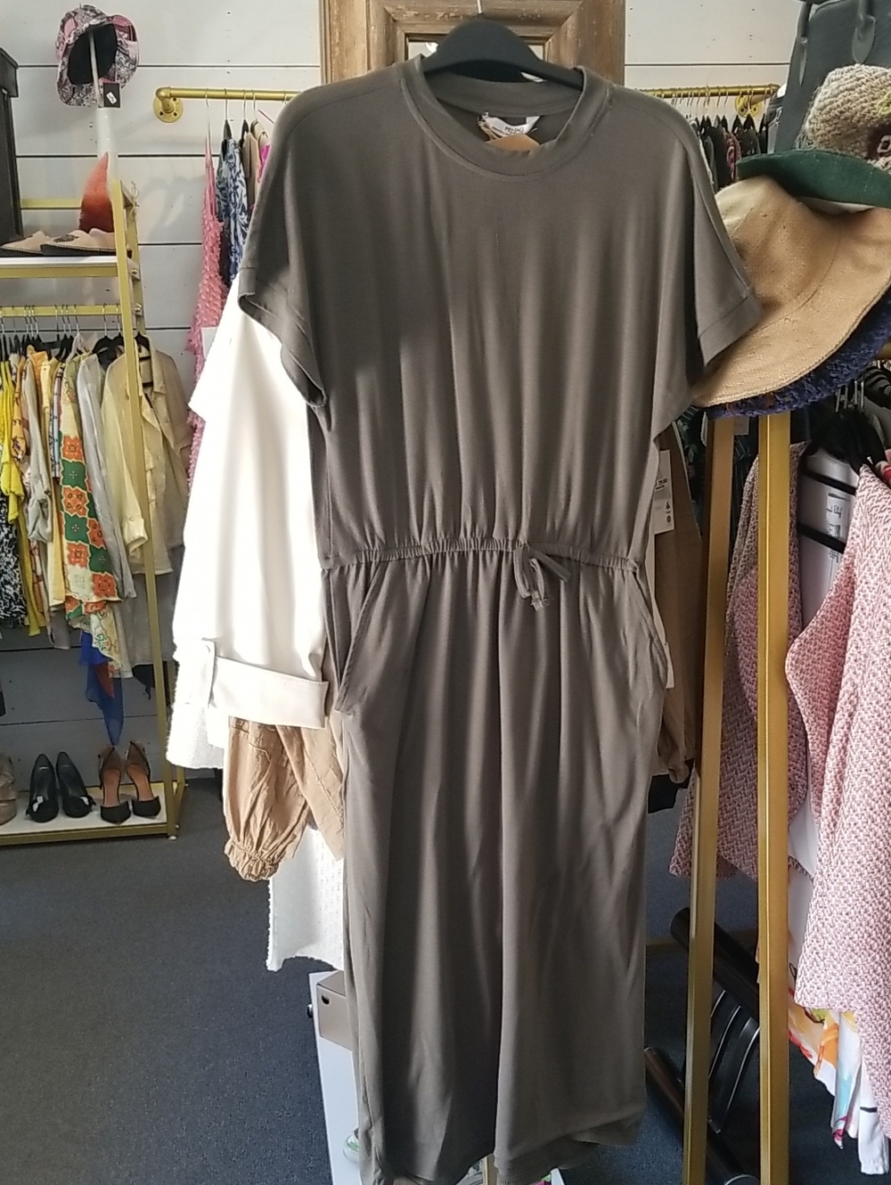 Women’s Olive Drawstring Midi Dress with Short Sleeves